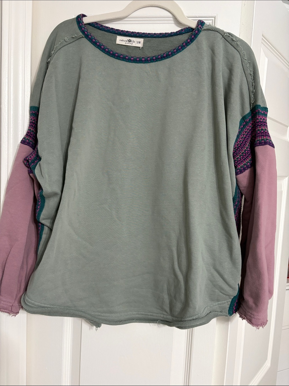 NATURAL LIFE Sage Green and Mauve Colorblock Pullover with Patterned Trim